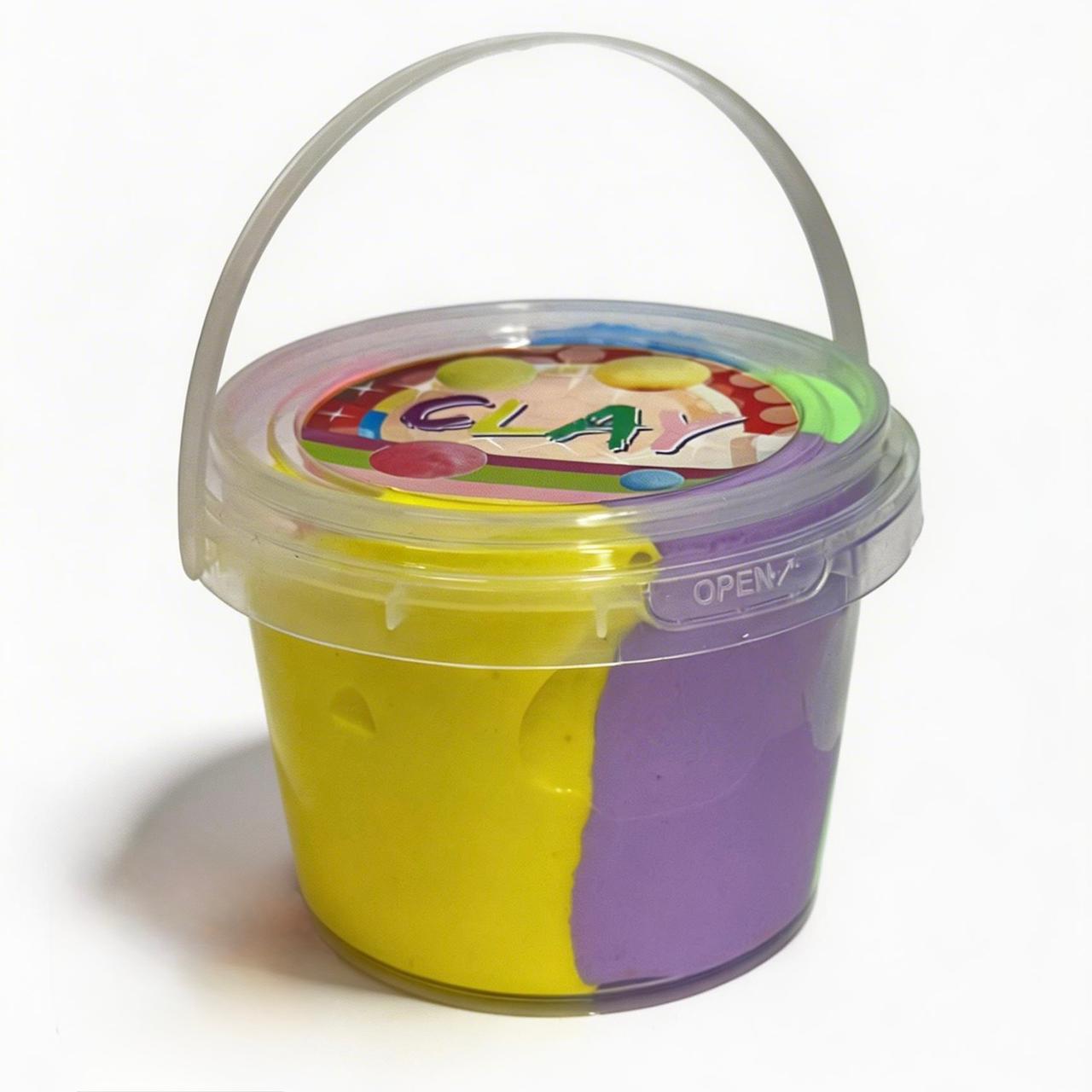 Bucket of colorful clay with a lid on a white background qatar price