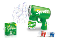 Green electric bubble gun with 'Sprite' branding, surrounded by bubbles and packaging on a white background.