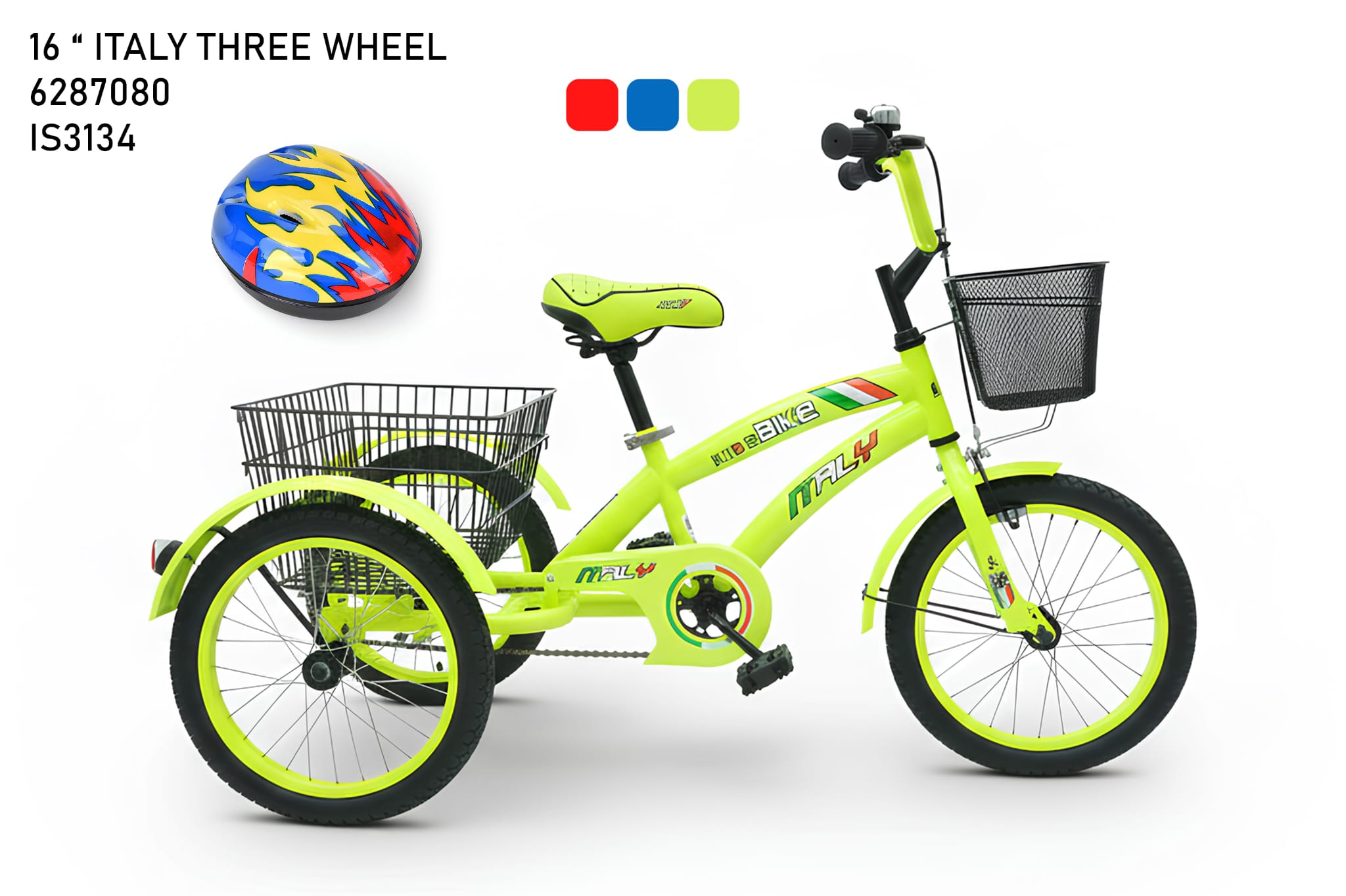 16" Italy Three Wheel Kids Cycle with Basket & Helmet