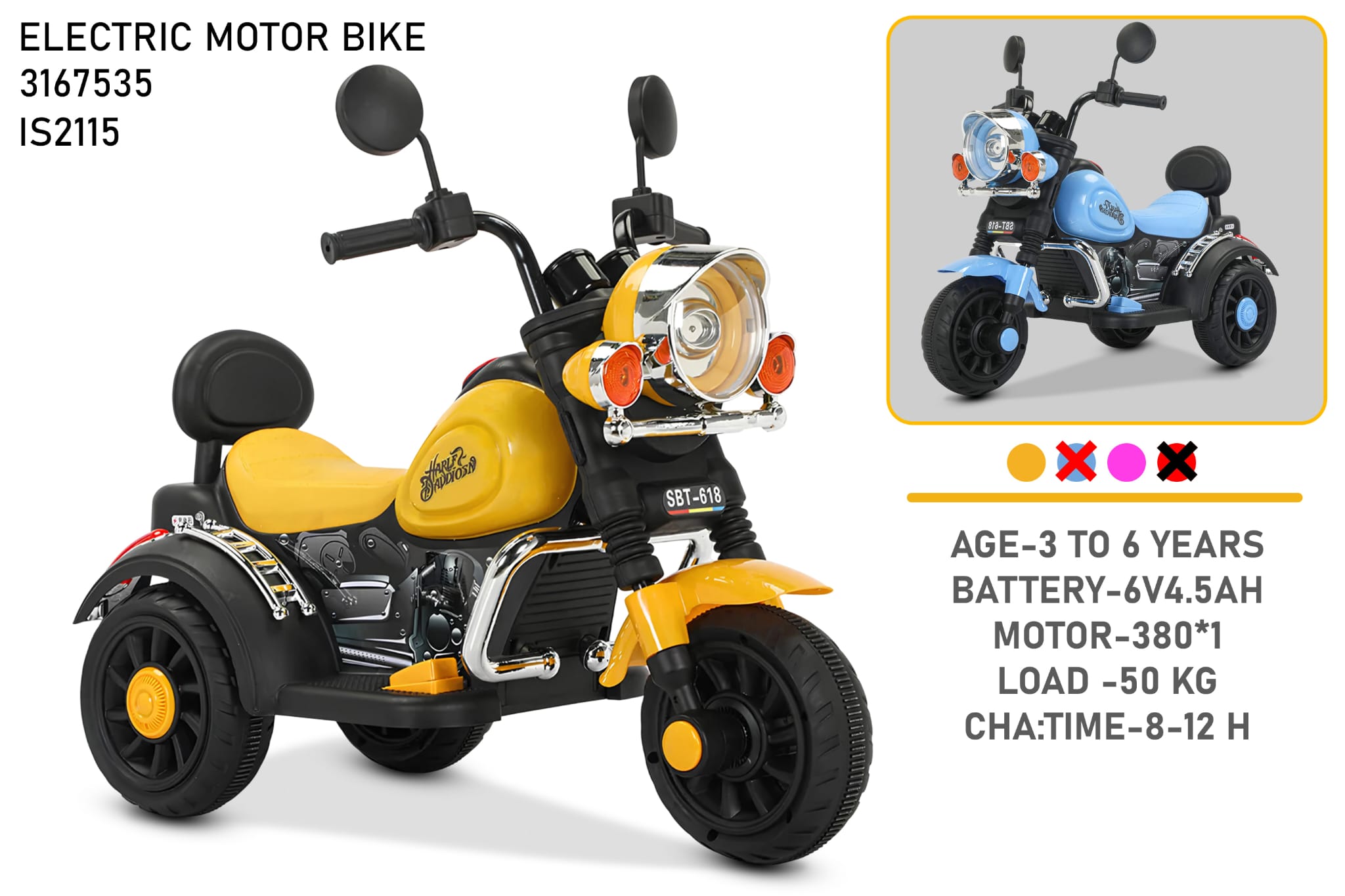 Kids Electric Motor Bike SBT-618 - Ride-On Motorcycle for Ages 3-6