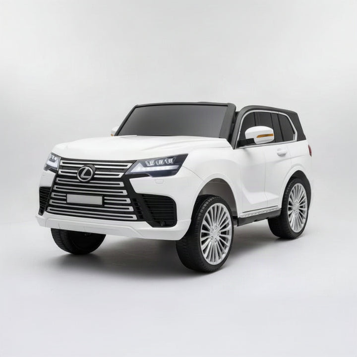 White Lexus LX600 ride-on toy SUV shown on a light gray background, with product text, a small inset rear-view photo, and feature icons. No person, animal, or real environment is present, so this is Product/Packaging rather than Lifestyle.