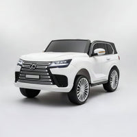 White Lexus LX600 ride-on toy SUV shown on a light gray background, with product text, a small inset rear-view photo, and feature icons. No person, animal, or real environment is present, so this is Product/Packaging rather than Lifestyle.