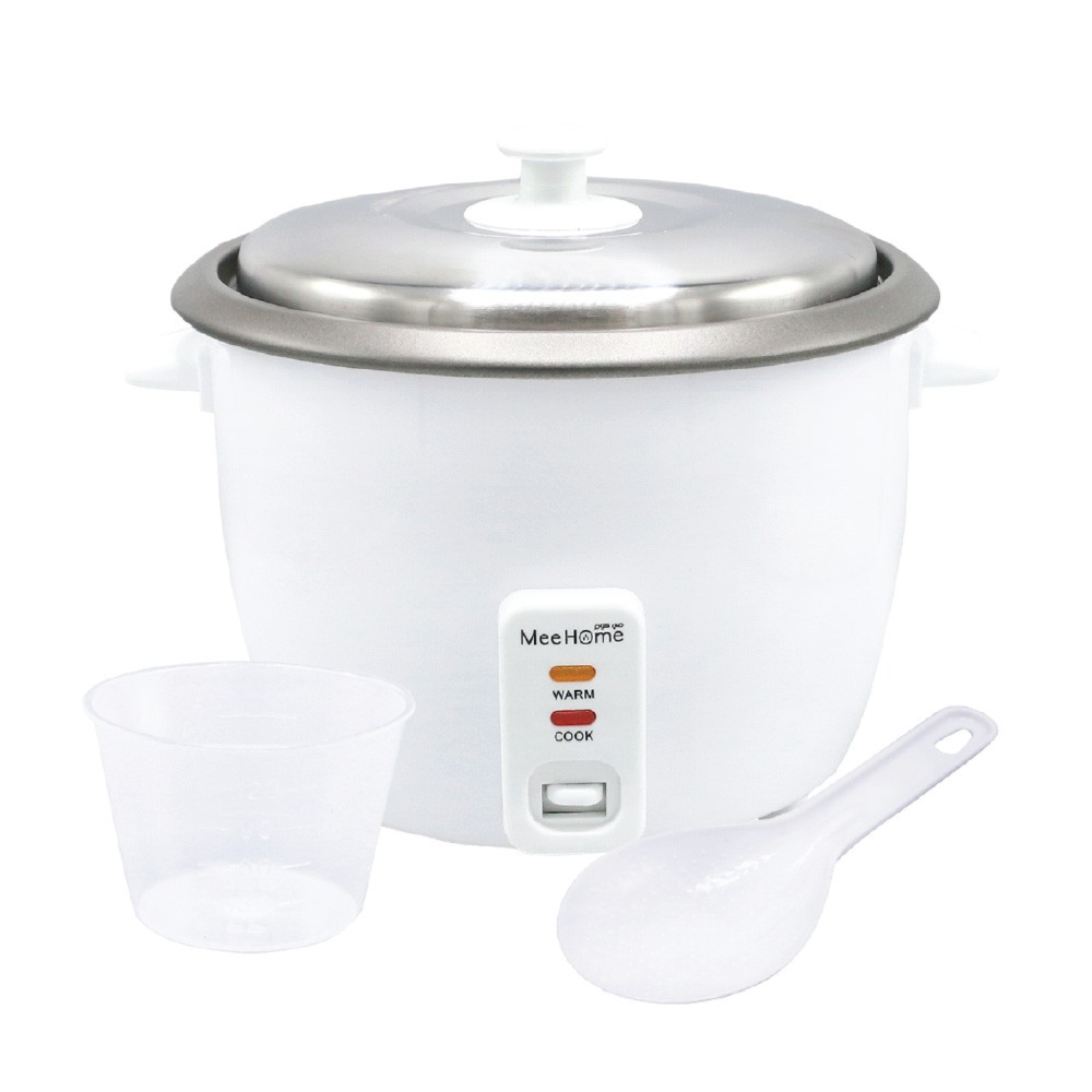 White electric rice cooker with a lid, control panel, and two white spoons on a white background.qatar price