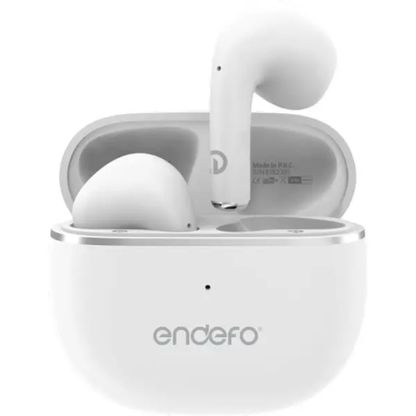 White wireless earbuds with charging case on a white background, featuring the brand 'endeo'.qatar price
