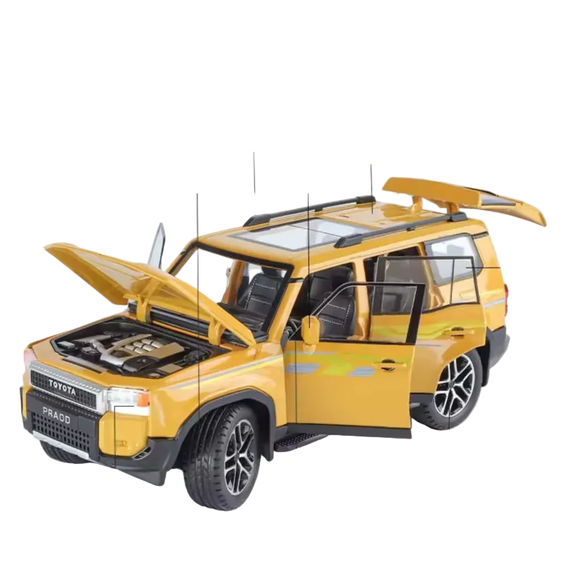 Yellow toy car model with open doors and hood, labeled features on a white backgroundqatar price