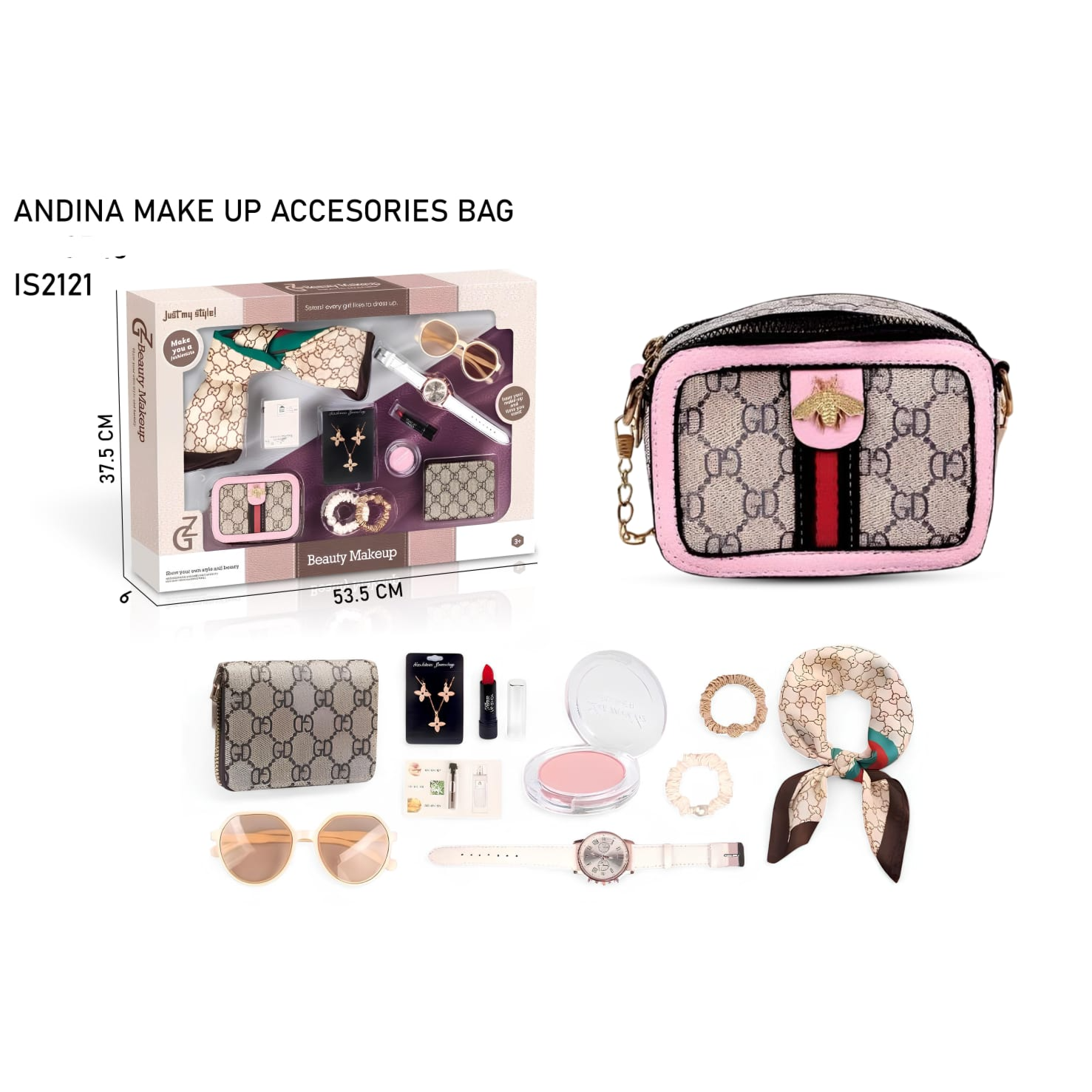 Feature,English Keyword,Arabic Keyword
Model Name,Andina IS2121 Makeup Bag,حقيبة مكياج أندينا IS2121
Set Size,Large Boxed Set (53.5 cm),طقم صندوق كبير (٥٣.٥ سم)
Key Items,"Handbag, Watch, Sunglasses",حقيبة، ساعة، نظارة شمسية
Style/Design,GD Pattern / Fashion Style,نقشة GD / تصميم عصري
Local Focus,Qatar Kids Gift / Doha Toys,هدايا أطفال قطر / ألعاب الدوحة